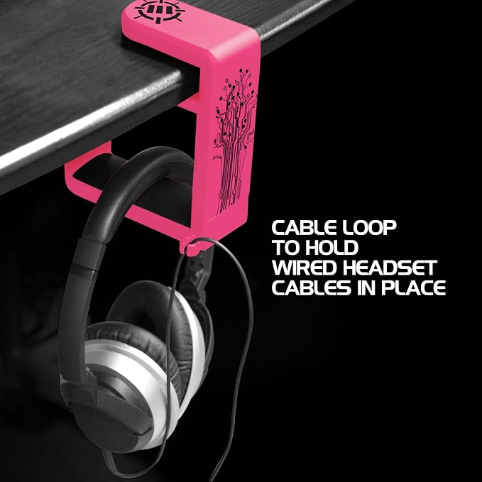 Enhance Gamer Headset Holder with 360 Degree Swivel Arm, Universal Table and Desk Clamp with Integrated Cable Storage – Pink