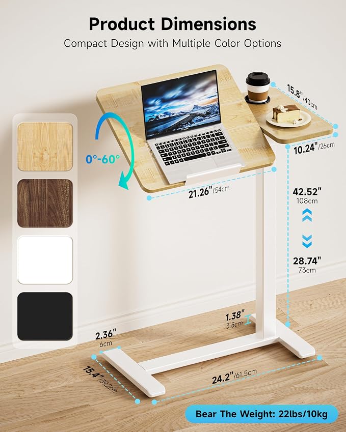 BZIUM Overbed Bedside Table with Hidden Wheels, Adjustable Medical Tilt Top Hospital Bed Table Over The Bed, Rolling Desk Mobile Standing Desk (31.5x15.8, Maple)