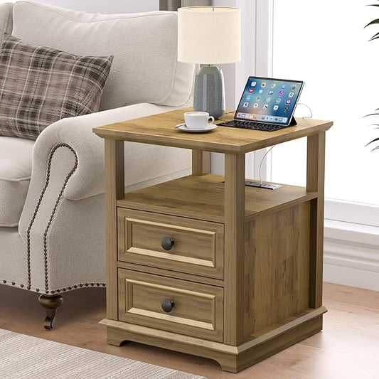 REDAYFUR End Table with Fast USB C Charging Station, Sofa Side Table with 2 Drawers, Large Storage Rustic Wood Square Storage Cabinet for Living Room,Bedroom,Office, Light Brown