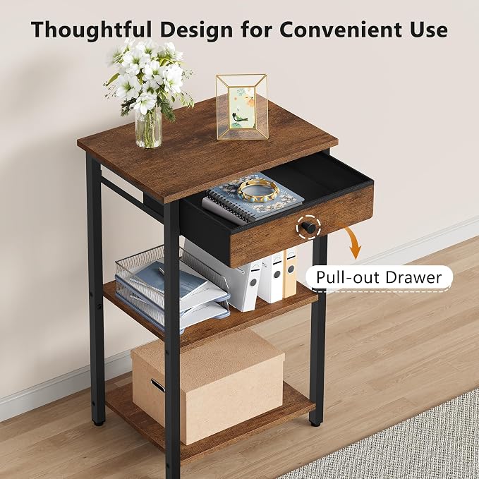 Gewudraw Printer Stand with Storage Drawer, 3-Tier Under Desk Printer Table, End Table for Home Office, Living Room, Bedroom, Brown