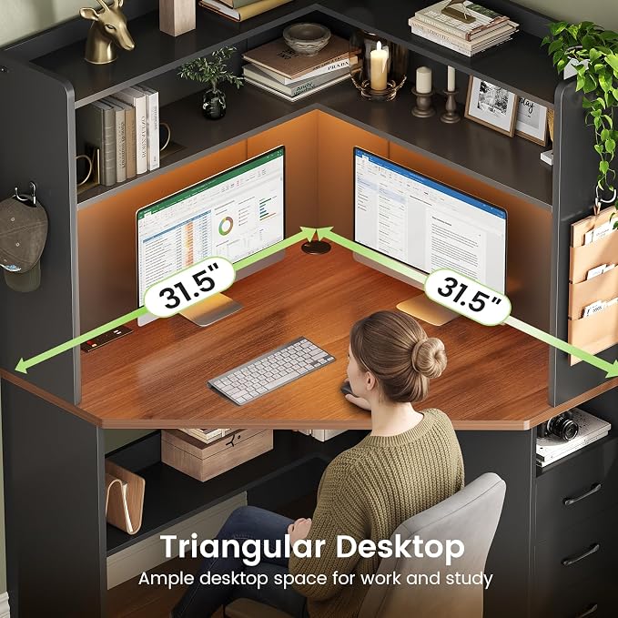 SEDETA 31.5" Corner Desk for Small Space, Corner Gaming Desk with 3 Drawers & LED Lights, Corner Desk with Hutch, Corner Computer Desk with Storage Shelves for Home Office, Black + Brown