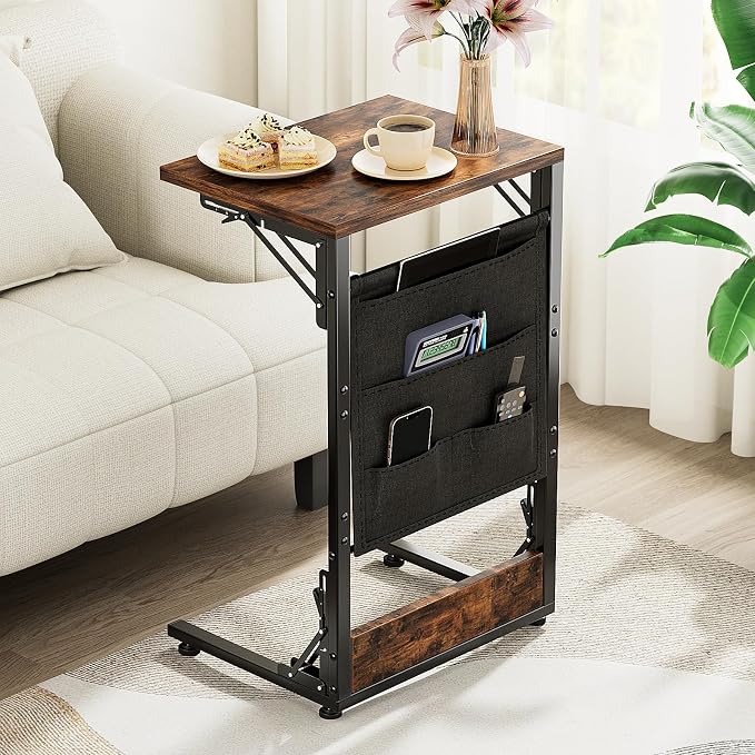 Folding TV Tray Table, 28.8" Tall C-Shaped Side Table for Couch and Bed, Slide Under Sofa Side Desk with Storage Bag - Sturdy Metal Frame Tray for Living Room, Bedroom, Home & Office (Rustic Brown)