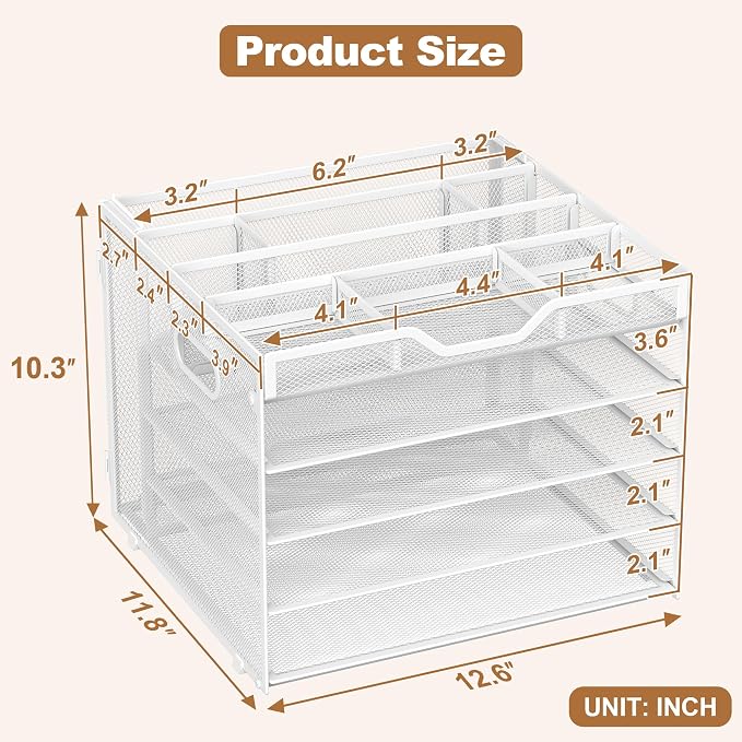 Docnest 5 Tier Letter Tray with Hanging File Organizer-Mesh Desk Organizer-Desktop Storage Box Built in Pen Holder and Handles, File Folder Holder for Mail Documents Office Supplies-White