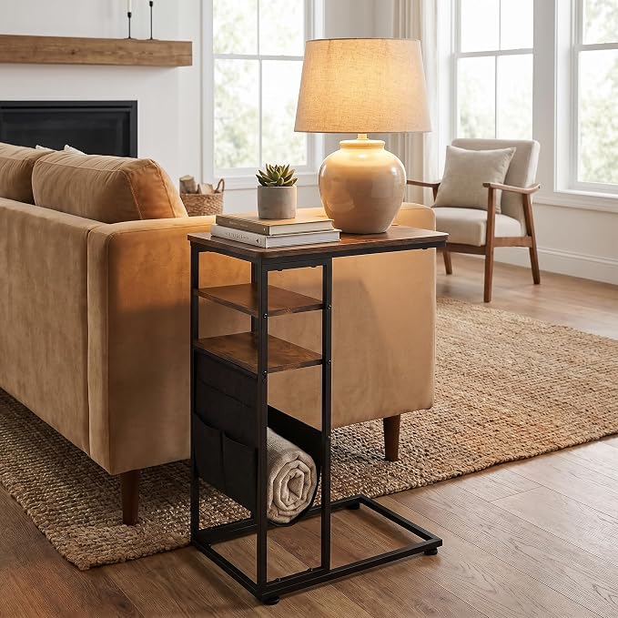 C Shaped End Table 28"(H) 3-Tier C Table with Storage Bag, Under Couch Table C-Shaped End Table with Storage Shelves and Bag for Living Room, Bedroom, or Office