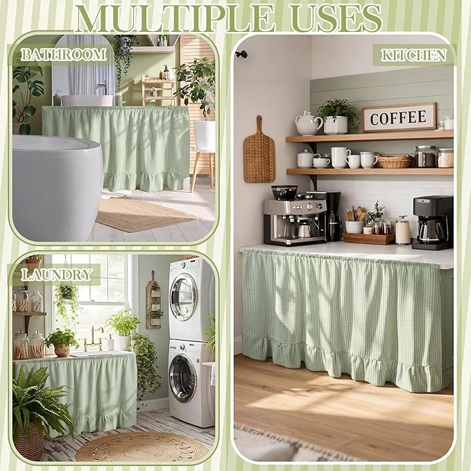 VitalCozy Cabinet Curtain 28" W x 51" L Sink Skirt for Bathroom Kitchen Sage Green Stripes Ruffles Spring Short Curtain for Home Classroom Farmhouse Drape Under Desk Privacy Drape for Laundry Room
