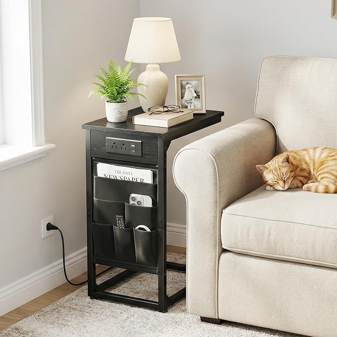 AMHANCIBLE C Shaped End Table with Charging Station, Couch Side Tables that Slide Under Sofa with Storage Bag, Slim TV Tray with USB Ports for Living Room, Bedroom, Black, HET04CBK