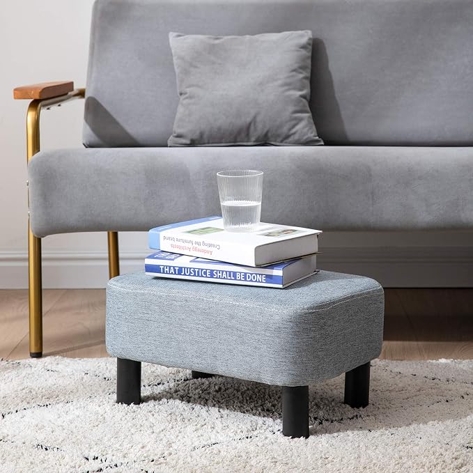 IBUYKE 16.54" Small Footstool Linen Fabric Pouf Ottoman Footrest Modern Home Bedroom Rectangular Stool, with Padded Seat Pine Wood Legs, Gray Blue RF-BD214-D