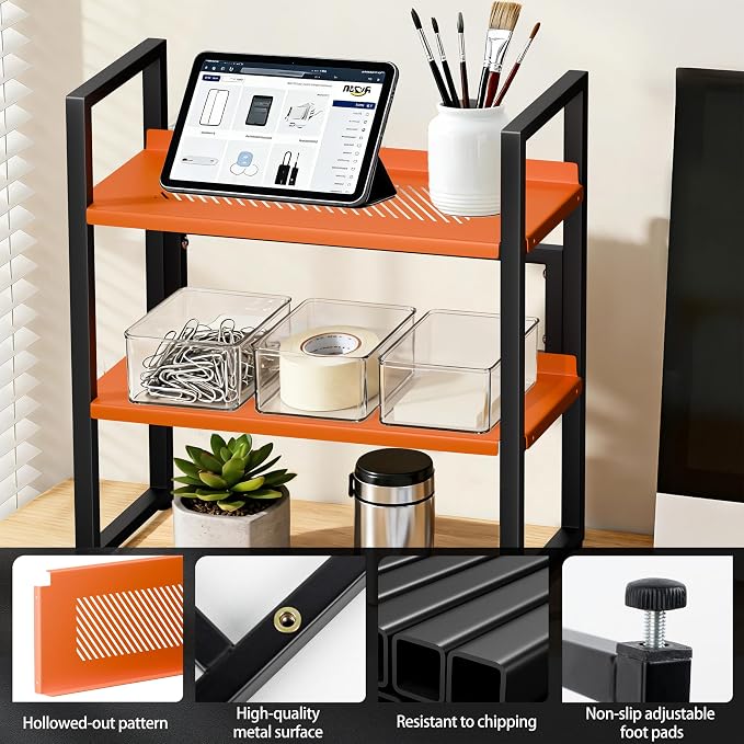 Brakki Desk Shelf Organizer, Adjustable 2 Tier Metal Desktop Shelves, Desktop Bookshelf Organization with Foot Mat, Multi-Functional Small Storage Rack for Office Dorm Home, Black and Orange
