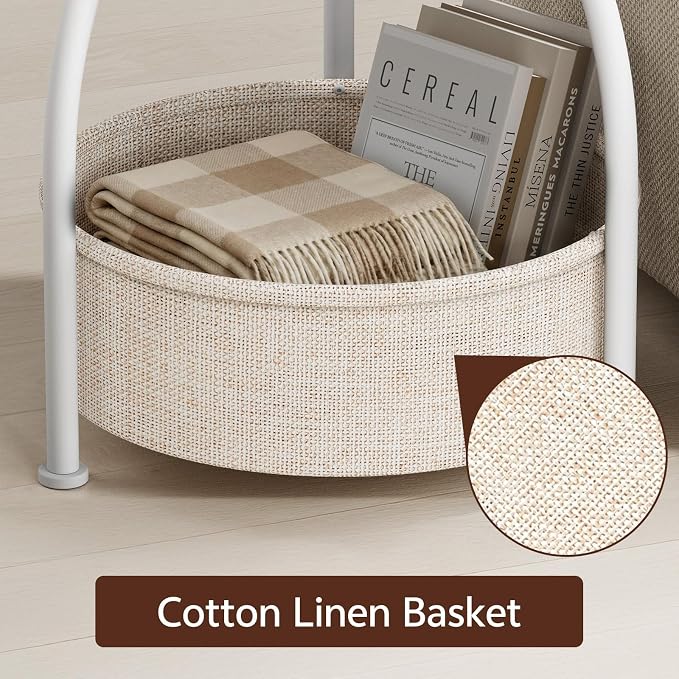 Round Side Table with Fabric Basket, Small Space Saving End Table 3-Tier Bedside Corner Table for Living Room, Bedroom, Garde Rustic Matte White 15.75in