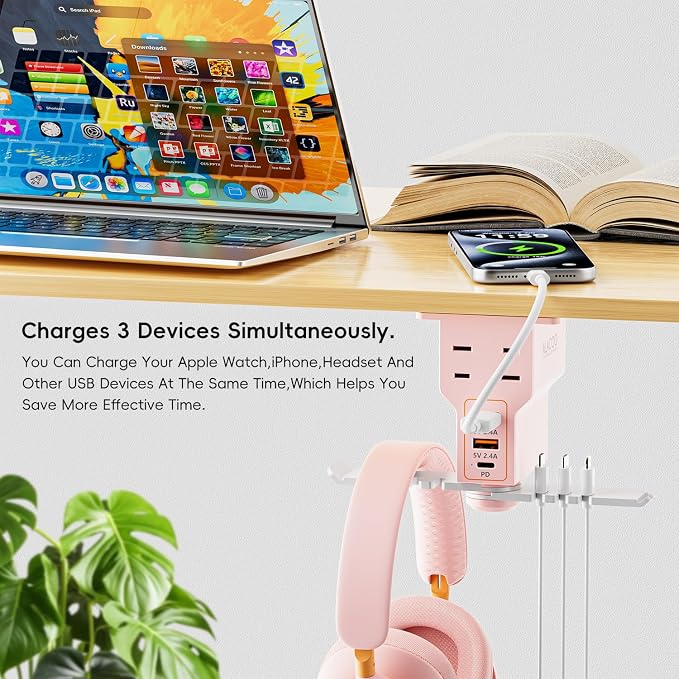 Gaming Headphone Stand with Charging Station - Aluminum Hooks Headphone Holder, Under Desk Headset Stand, 3 USB & AC Outlet, Surge Protector & Cable Organizer, Gift for Girl/Men