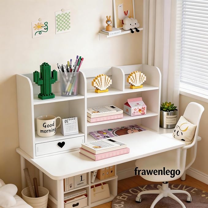 White Heart Drawer Bookshelf, Desktop Organizer with Shelves and Heart-Shaped Drawer for Desk, Office, Dorm