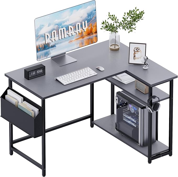 Pamray 40 Inch L Shaped Computer Desk with Reversible Side Storage Shelves, Small Corner Desk for Small Space Home Office, Writing Study Table PC Desk for Bedroom, Grey