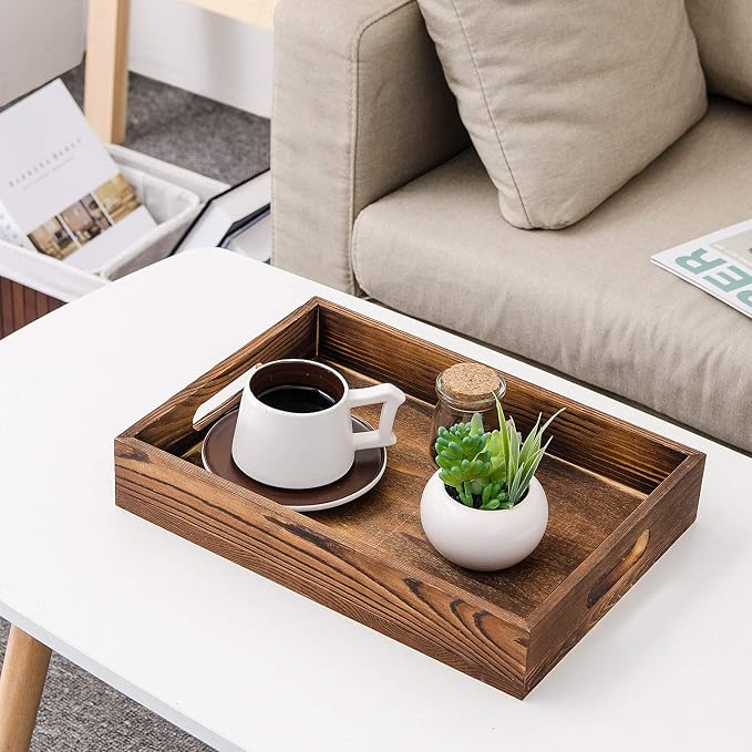 Rustic Brown Wood Food Serving Tray Cutout Handles Breakfast in Bed Coffee Wine Rectangular Ottoman Nesting Crate Tabletop Storage Box Desktop Document Holder Party Office Home Kitchen