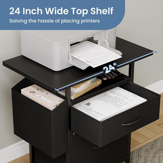 DUMOS 2 Drawer Mobile File Cabinet, Fabric Filing Cabinet with 24'' Desktop,Small Office Drawers Under Desk Fits A4/Letter Size, Rolling Printer Stand with Storage Side Bag for Home Office, Black