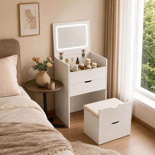 Small Vanity with Mirror and Lights for Small Space, 3-in-1 Compact Makeup Vanity Desk with Storage, Flip Top Vanity Table with Hidden Stool, 3 Color Mode, Drawers & Jewelry Organizer, Mini Vanity Set