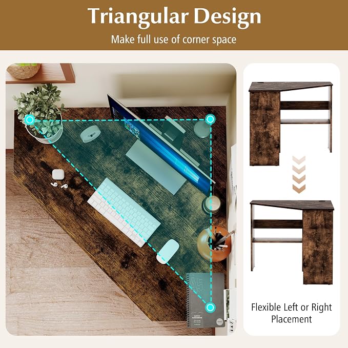 NAFORT Triangular Corner Desk with Storage Shelves and Cable Holes, Space Saving Writing Desk, Multi Functional Workstation for Home Office, Bedroom, PC Laptop Computer Table, Brown