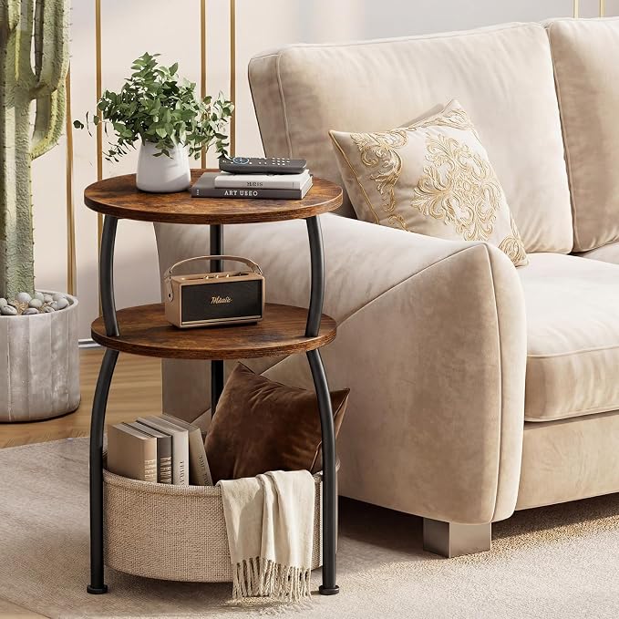 Round Side Table with Storage Basket, 15.75in Small Space Saving End Table 3-Tier Bedside Corner Table for Living Room, Bedroom, Garden, Sofa Side Table
