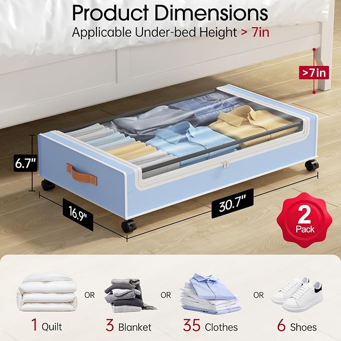 Yecaye Under Bed Storage with Wheels, 2 Pack Under Bed Storage Containers, 60L Underbed Shoe Storage with Clear Window & Label, Rolling Under Bed Metal Drawer for Clothes, Shoes, Books, Blankets, Blue