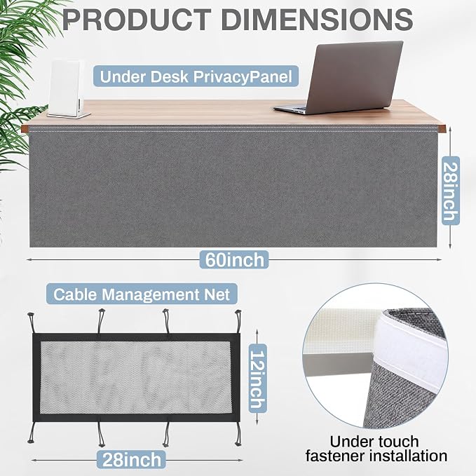 Tegeme 60'' Under Desk Privacy Panel with Cable Management Net Desk Skirt Self Adhesive Modesty Panel with Cord Organizer Pockets for Office Home Standing Workstation(Gray)