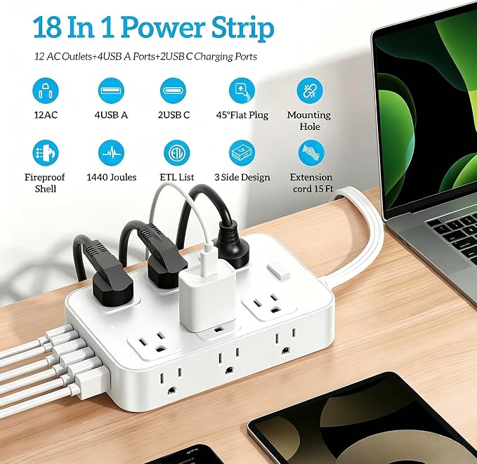 18-in-1 Flat Plug Power Strip Surge Protector Extension Cord-15Ft | 12 AC,6 USB,45° Flat Plug 0.31", 1250W/10A,1440J Surge Protection,ETL Listed,Mountable
