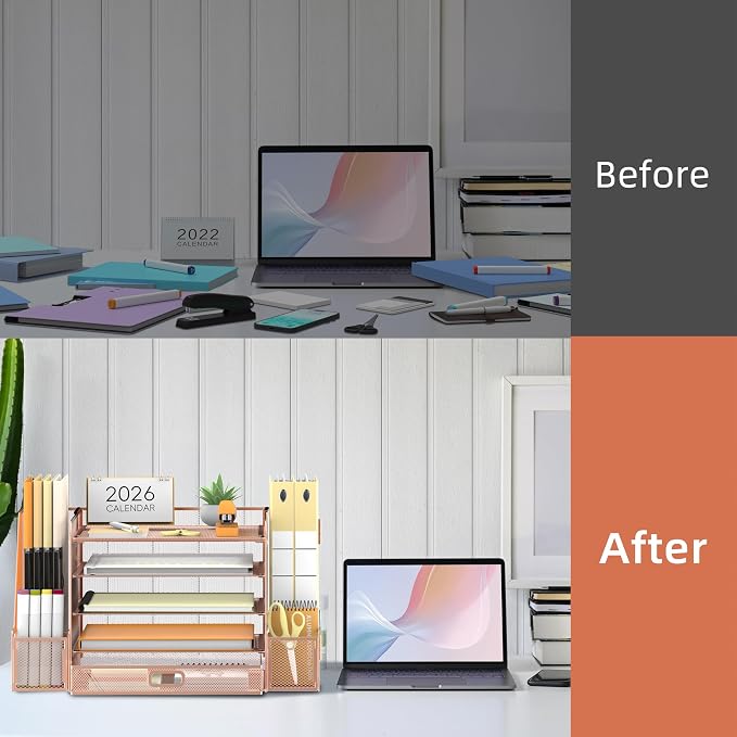 SUPEASY Mesh Desk Organizer with File Holder, 5-Tier Paper Letter Tray Organizer with Magazine Holder, Desktop Organizer and Storage with Drawer for Office Supplies Home or School (Rose Gold)