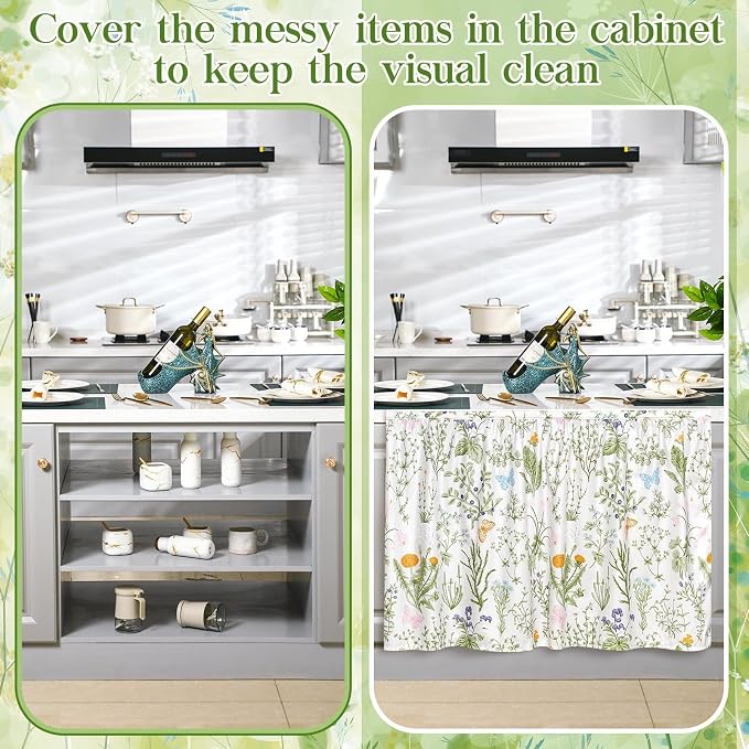 VitalCozy Cabinet Curtains 27.6" W x 35.4" L Sink Skirt for Bathroom Kitchen Spring Botanical Floral Cabinet Curtains for Classroom Home Farmhouse Rustic Drape Under Desk Privacy Drape for Laundry