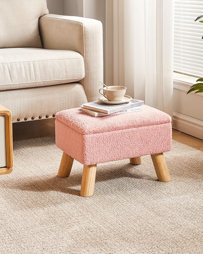 YMYNY Storage Ottoman,Small Foot Stool, 15.75"×11.81"×11.02" Pink,HBD042P | Teddy Velvet ,Sturdy Wood Legs, Foot Stool with Padded Seat, For Living Room Bedroom Couch Entryway