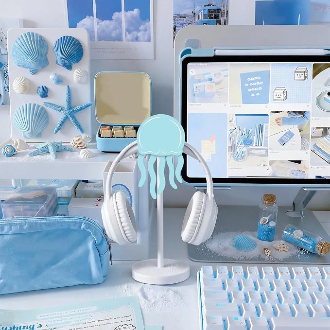 Yookeer Jellyfish Headphone Stand Cute Blue Headphone Stand Decorative Ocean Sea Wood Desk Decor for Gamer Room Office Desk Gaming Gifts for Girlfriend Office Worker