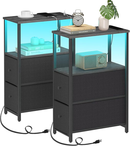TUTOTAK Small Narrow LED End Table with Charging Station, Side Table Outlets, Nightstand with 2 Cloth Drawers, Set of 2, Couch Table, for Living Room, Bedroom, Bedside, Charcoal Grey TB01BY056