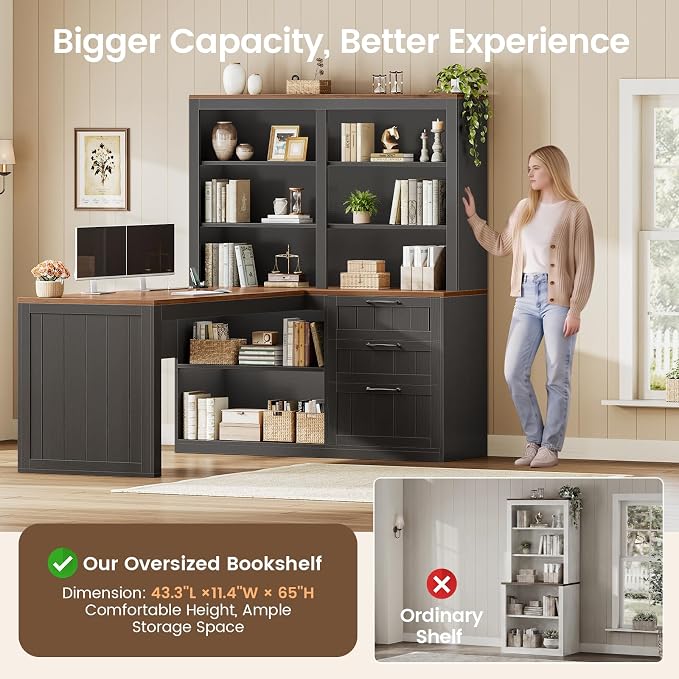 SEDETA Farmhouse L Shaped Computer Desk, 59'' Wood Office Desk with 3 Drawers and 5-Tier Bookshelf, Corner Desk with Storage Shelves and Power Outlet for Home Office Small Space, Black + Brown