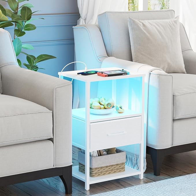 TUTOTAK LED Nightstand Set of 2, Night Stand with Charging Station, End Table, Bedside Table with Fabric Drawer, Side Table for Livingroom and Bedroom, Whtie TB01BW0692L