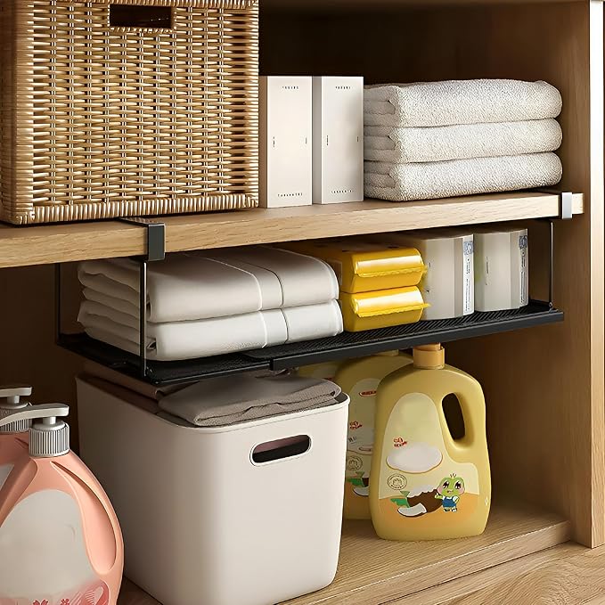 1 Pack Expandable Under Cabinet Shelf, Under Shelf Basket with 0.94 Inches Thick Clips for Kitchen Cupboard, Metal Hanging Under Desk Basket for Laundry Room, Cabinet, Shoe Rack