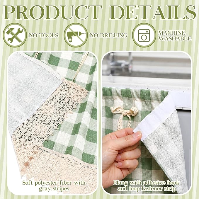 VitalCozy Cabinet Curtain 28" W x 51" L Sink Skirt for Bathroom Kitchen Green Checkered Lace Ruffles Short Curtain for Home Classroom Farmhouse Rustic Drape Under Desk Privacy Drape for Laundry Room