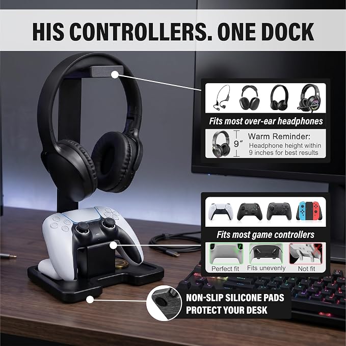 Gaming Accessories Headset Stand with Game Controller Holder & Storage Base, Stylish Gamer Gifts for Men Teenage Boy Headphone Stand, Unique Gifts for Gamers to Organize Gaming Equipment (Black Wood)
