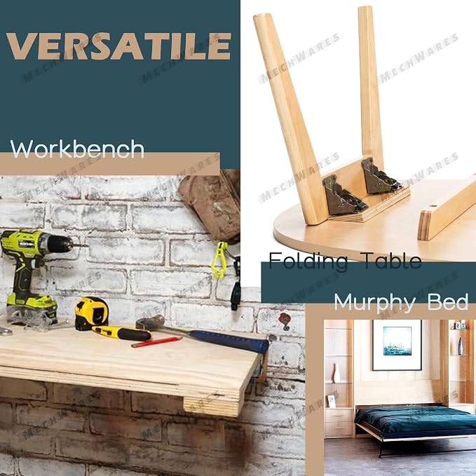 Foldable Support Bracket-Self-Locking Hinge- Leg Fittings and Corner Brace- for Folding Legs |Folding Workbench| Fold Down Desk Extension in Kitchen | Laundry Room Garage | RV (2 Hinges)