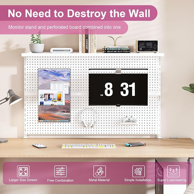 Clamp-On Metal Desk Pegboard with Dual Monitor Stand–No Drilling Needed! 59x35 Inch Steel Privacy Panel with Hooks & Movable Partition, Peg Board Wall Organizer for Gaming & Office