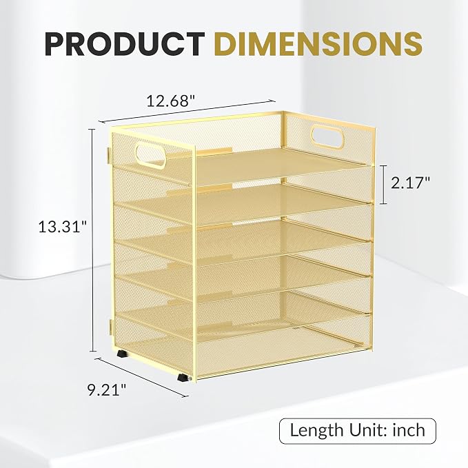 Daltack 6 Tier Paper Organizer for Desk, Paper Letter Tray Organizer for Desks, Mesh Desk File Organizers with Handle for Office, Home, School, Gold, 2 Pack