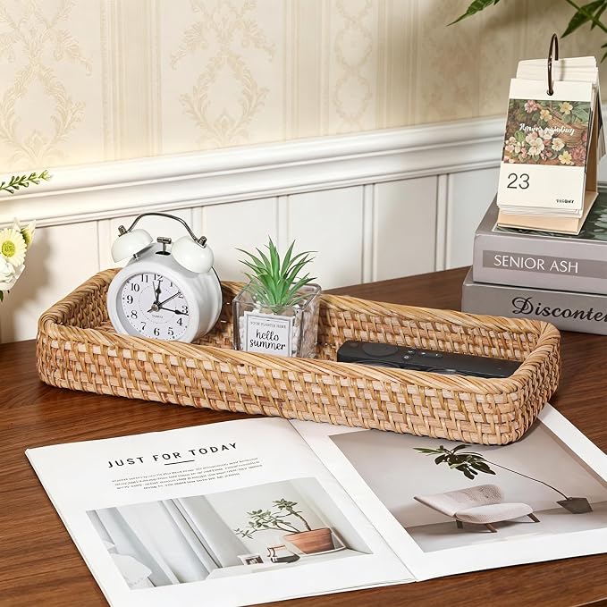 Hipiwe Rattan Basket Tray Handwoven Key Basket Holder for Entryway Long Narrow Bathroom Sink Vanity Tray Toilet Tank Basket Wicker Decorative Trays for Home Decor, 15.8"x 6"x2.2"