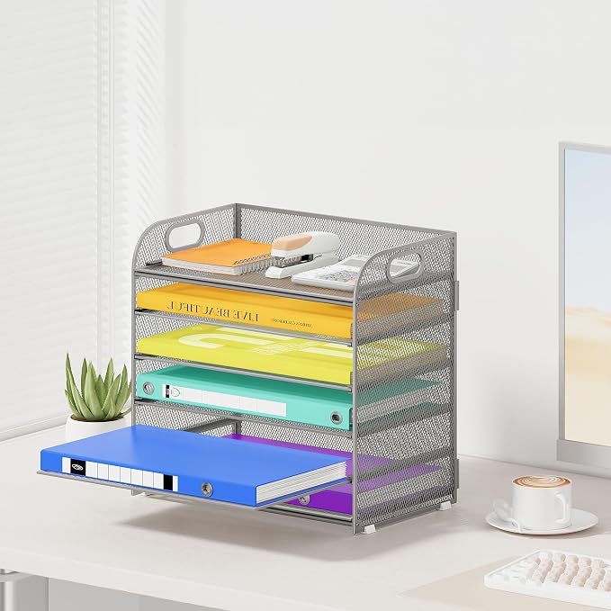Cawukege 6 Tier Paper Organizer, Silver Letter Tray with Handle, Mesh Desk Organizer, Metal File Organizer, Office Desk Accessories for Home, Office, Classroom, School