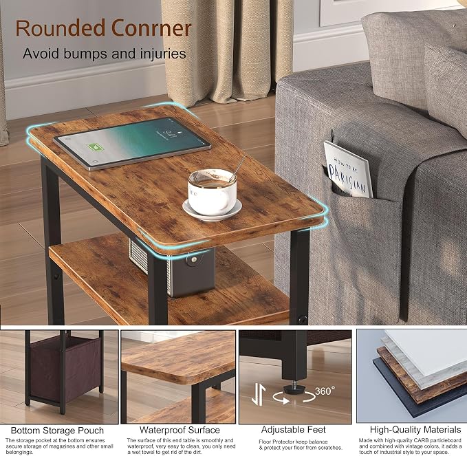 sthmec Narrow Side Table Set of 2, Skinny End Tables with Fabric Basket, Small Side Tables for Small Space,2-Tier Open Shelves with Basket, Slim Nightstands Set 2 for Bedroom,Livinroom, Rustic Brown