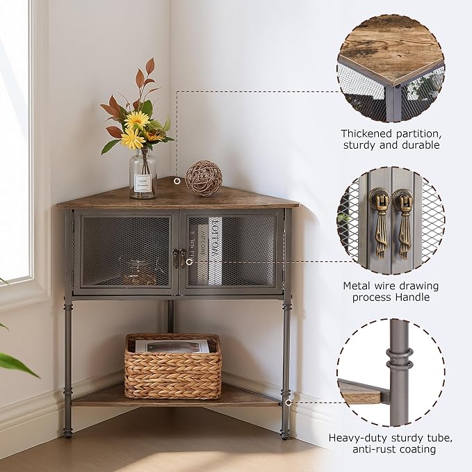 VECELO 3-Tier Corner Table,Cabinet with Mesh Door and Open-Shelf,Corner Shelf Stand,Metal Frame Storage Shelf Organizer Display Shelves for Bedroom,Living Room,Kitchen,Bathroom