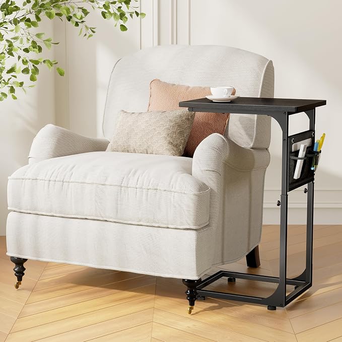 Fixwal C Shaped End Table Adjustable Height Side Table for Couch, TV Tray with Storage Bag Slide Under Sofa Small Tables for Living Room, Bedroom & Office, Black