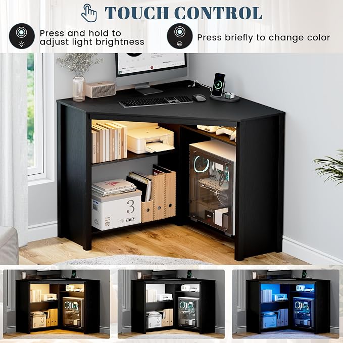 Corner Desk with Charging Station & LED Light, Triangle Corner Desk with CPU Stand & Storage Shelves, Gaming Computer Desk for Home Office -Black