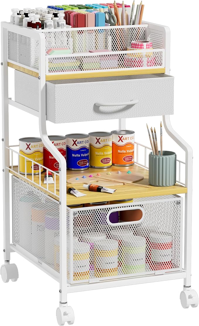 SWTYMIKI Under Desk Storage Cart- Art Storage Cart with Drawers & DIY Divider - Office Cart Organizer Under Desk Shelf, Craft Rolling Cart for Office, Craft Room & Studio White
