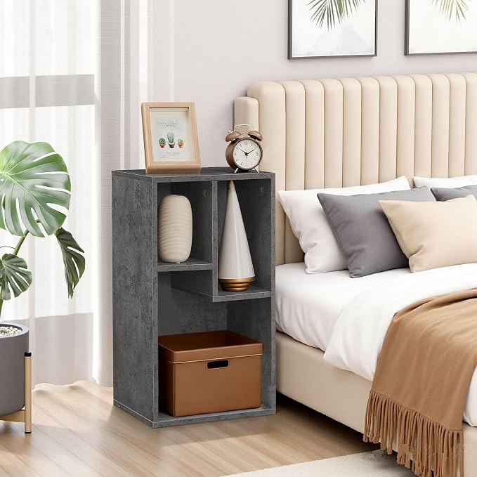 VECELO 11.8" Open Bookshelf, Waterproof Particle Board Asymmetrical Split Cubby Storage Organizer, Gray Uneven Compartment Display Cube for Tall Books, Bedroom Dorm Office