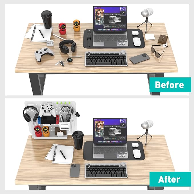 Clamp-on Desk Pegboard – Steel No Drill Desktop Organizer Panel with Gaming Controller Holder, Headphone Hook, and Storage Shelf – Vertical Mount for Office and Home Setup(White