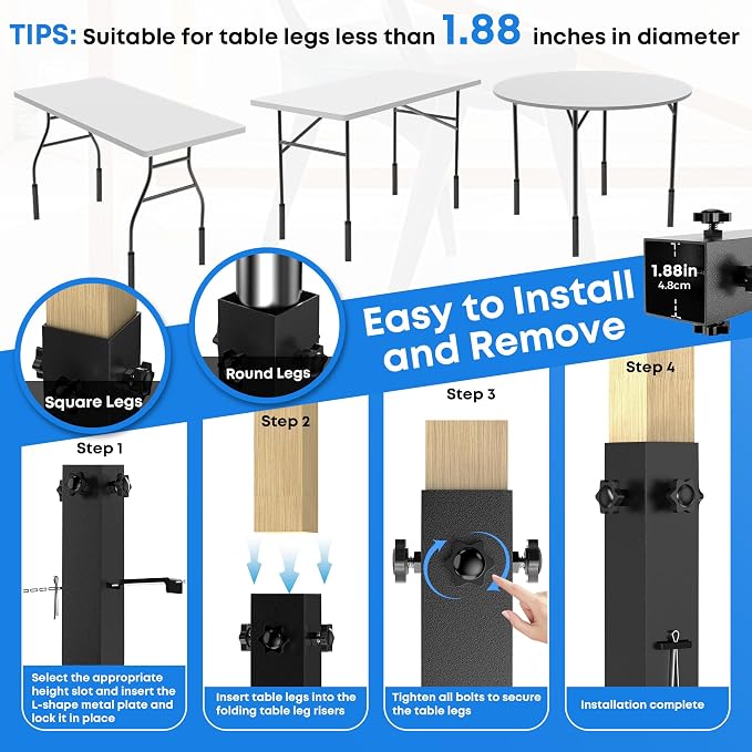 4 Pcs Folding Table Risers for Table Legs, Folding Table Leg Extenders, 5 Levels Adjustable Height Extensions Rise Table Straight/Bent Legs 4.8｜6.7｜8.7｜10.8｜14.2in for Treating Your Back Pain