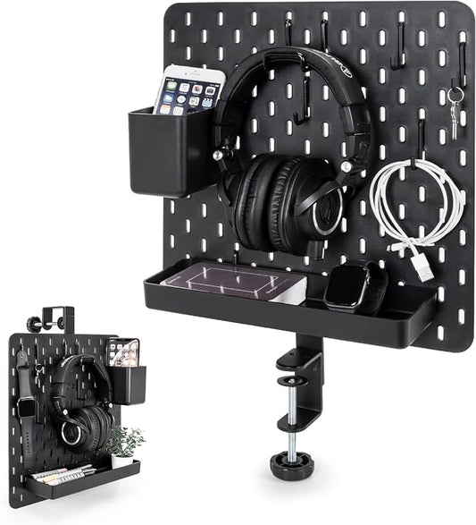 EHO Clamp-On Desk Pegboard, 13.5 x 14 inch Privacy Divider, Desk Partition Panel, No-Drill Desk Mounted Organizer, Combination Peg Board for Office, Gaming, Home, Plants, Black