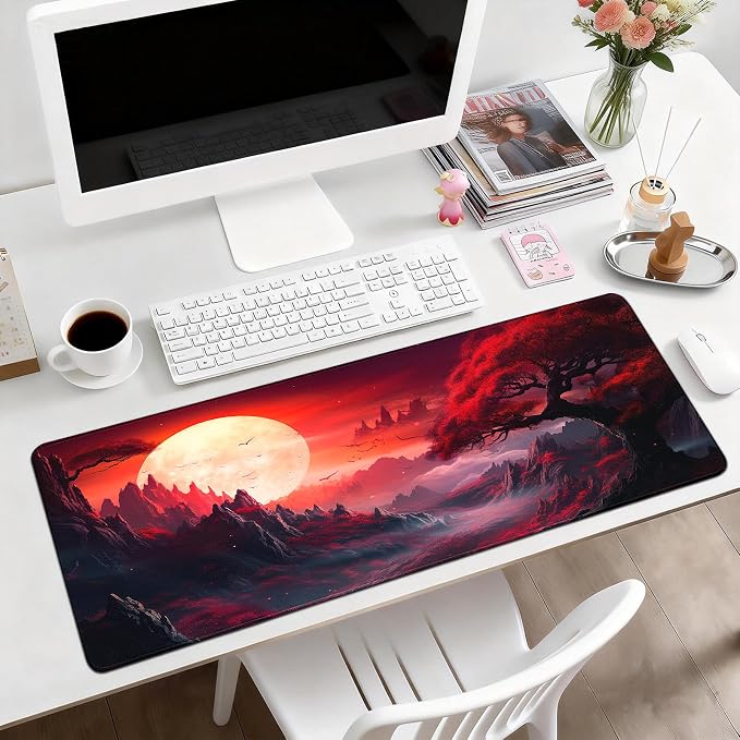 Gaming Desk Mat with Silky Smooth Surface & Exquisite Patterns,31.5x11.8 Inches Large-Sized Mouse Pad, Perfect for Extended Gaming,Work,and Home Office Decor (Full Moon 2)