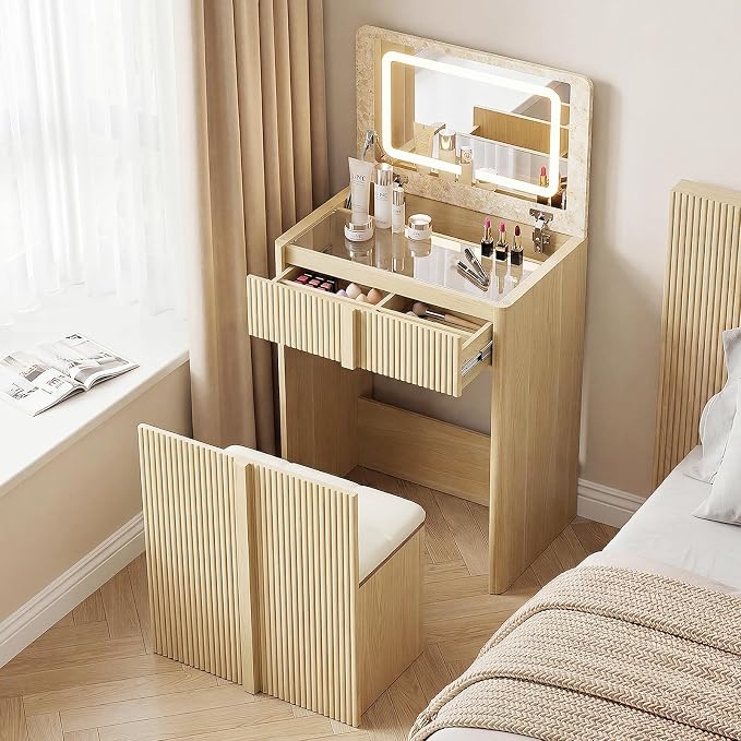 3-in-1 Small Vanity Desk with Drawers & Stool, Compact Makeup Vanity Dresser Set with Ample Leg Room, Sturdy 24" nightstand with Mirror Bedside Table Combo for Bedroom Small Space,Oak